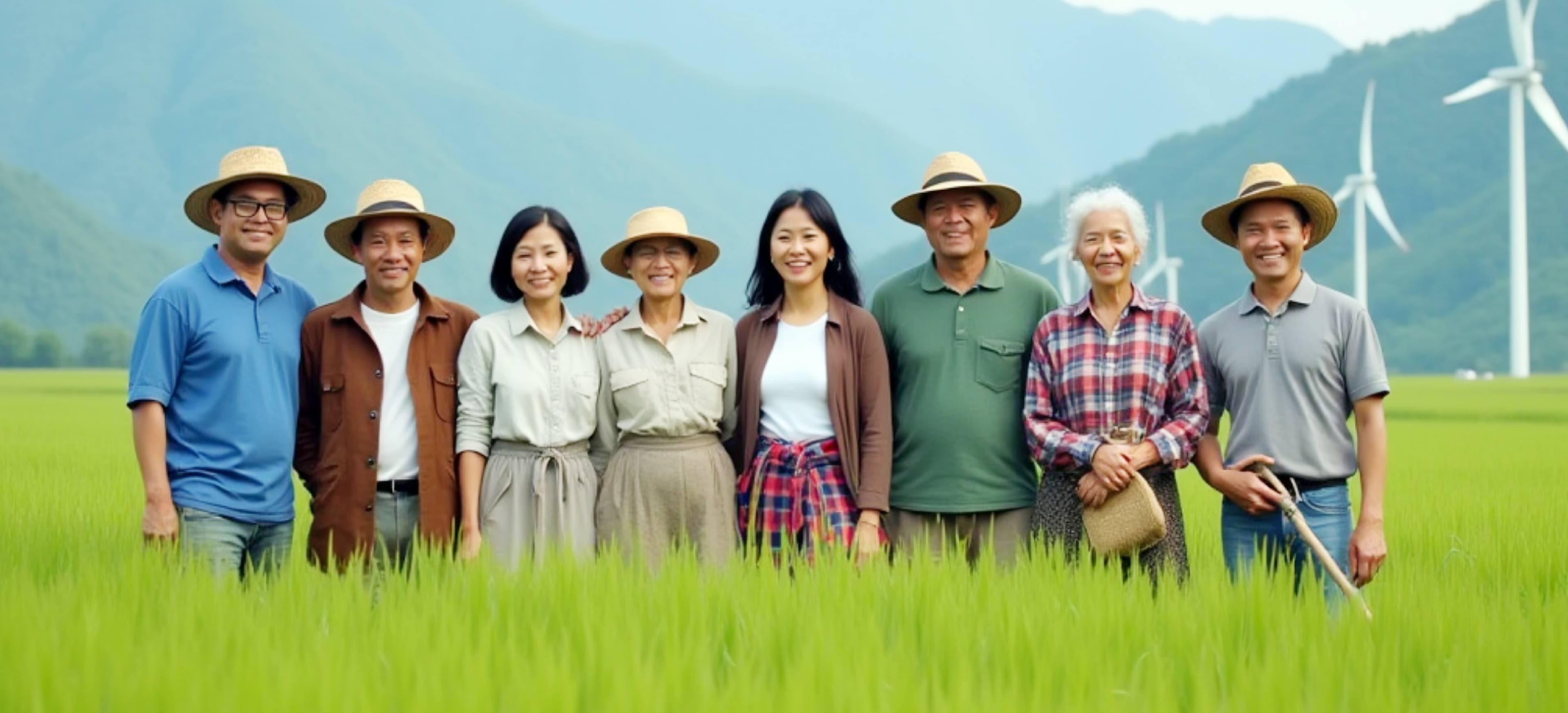People in a field with wind turbines